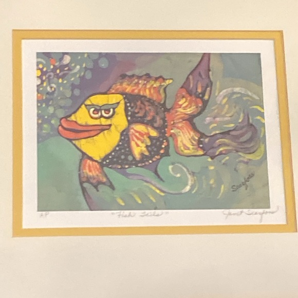 JANET SEARFOSS “fish tails” signed art print in frame 14-1/2” x 13” - Picture 2 of 5